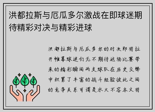 洪都拉斯与厄瓜多尔激战在即球迷期待精彩对决与精彩进球