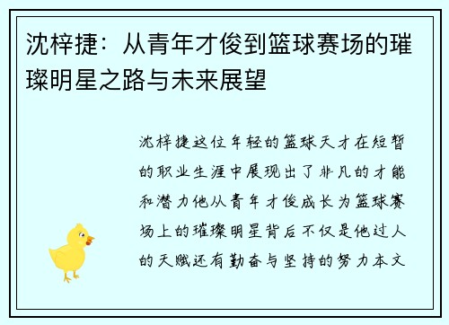 沈梓捷：从青年才俊到篮球赛场的璀璨明星之路与未来展望